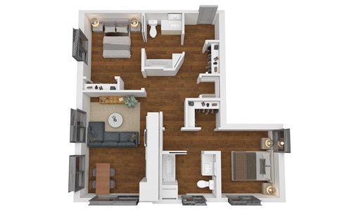 Floor plan for 2 beds, 2 baths, 905 sqft